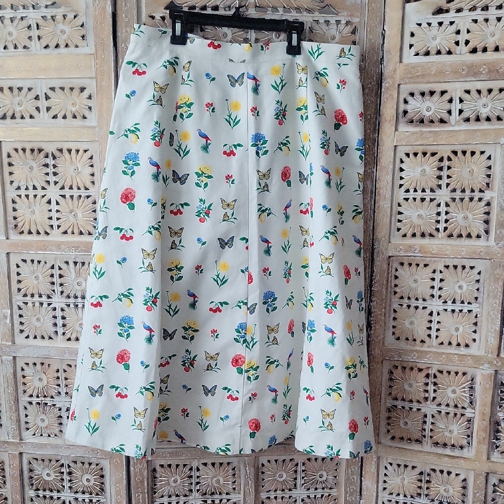 White Floral,Bird,Fruit,Butterfly Print Boho Whimsy A-Line Midi Skirt 12